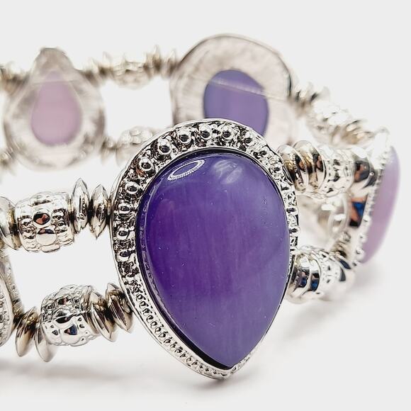 Purple Lavender Silver Stretch Bracelet Teardrop Cabochon 7” Elegant - Picture 6 of 8